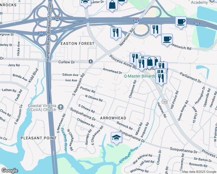 map of restaurants, bars, coffee shops, grocery stores, and more near 5805 North Cherokee Cluster in Virginia Beach