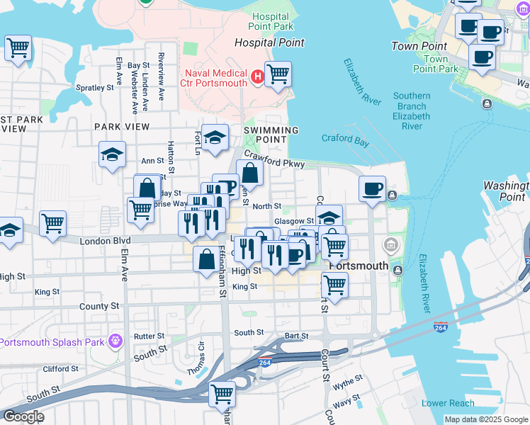map of restaurants, bars, coffee shops, grocery stores, and more near 640 North Street in Portsmouth
