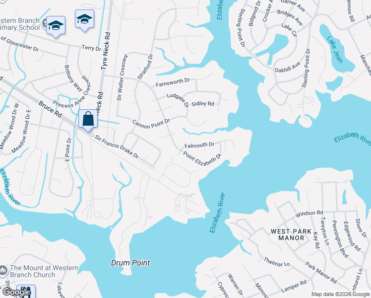 map of restaurants, bars, coffee shops, grocery stores, and more near 3704 Point Elizabeth Drive in Chesapeake