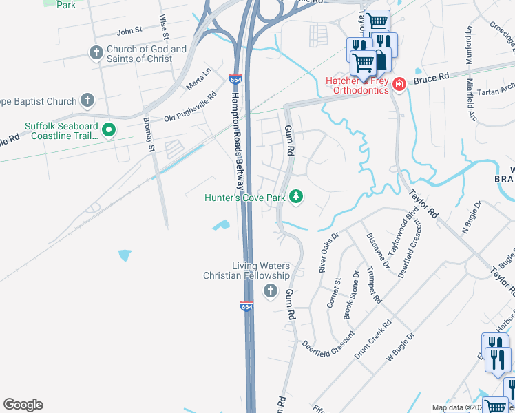map of restaurants, bars, coffee shops, grocery stores, and more near 2734 Big Bend Court in Chesapeake