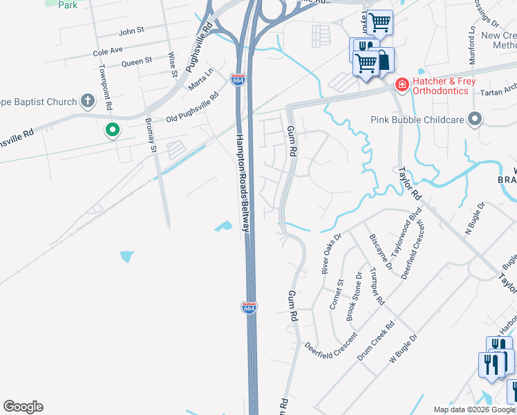 map of restaurants, bars, coffee shops, grocery stores, and more near 2906 Big Bend Drive in Chesapeake
