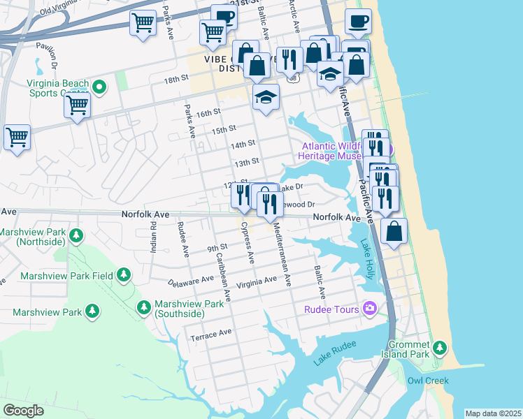 map of restaurants, bars, coffee shops, grocery stores, and more near 1001 Mediterranean Avenue in Virginia Beach