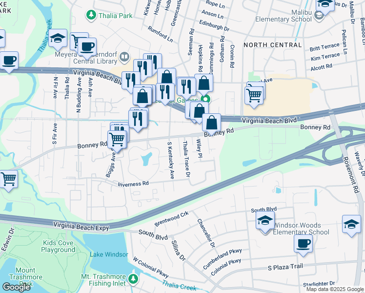 map of restaurants, bars, coffee shops, grocery stores, and more near 3929 Pinter Court in Virginia Beach