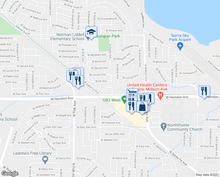 map of restaurants, bars, coffee shops, grocery stores, and more near 7069 North Dante Avenue in Fresno