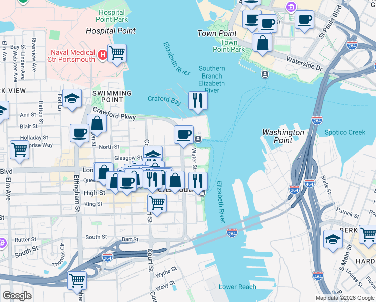 map of restaurants, bars, coffee shops, grocery stores, and more near 2 Harbor Court in Portsmouth