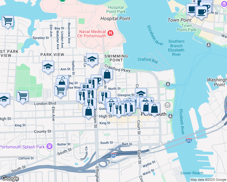 map of restaurants, bars, coffee shops, grocery stores, and more near 640 North Street in Portsmouth