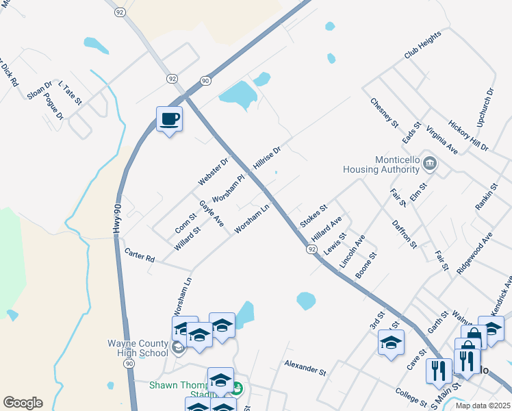 map of restaurants, bars, coffee shops, grocery stores, and more near Enlow Lane in Monticello