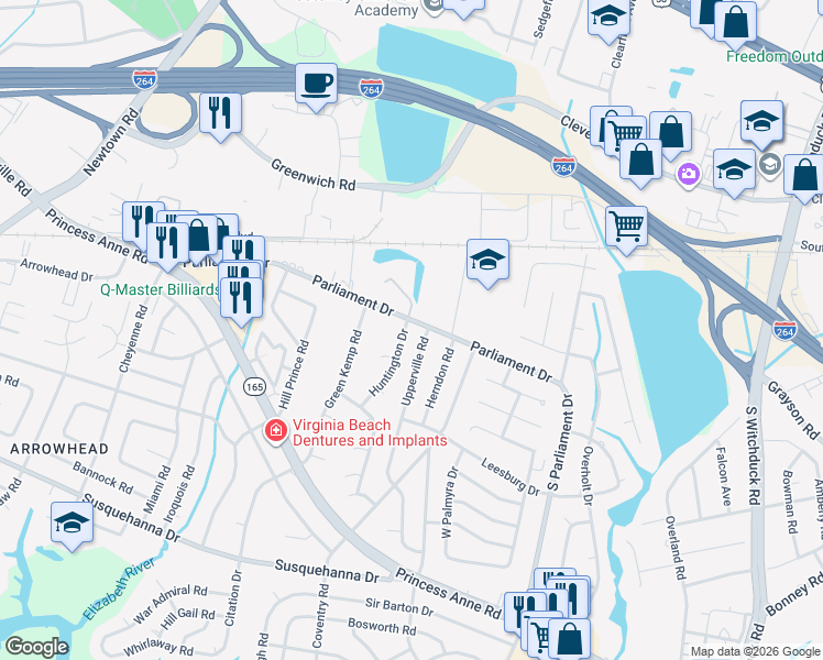 map of restaurants, bars, coffee shops, grocery stores, and more near 142 Huntington Drive in Virginia Beach