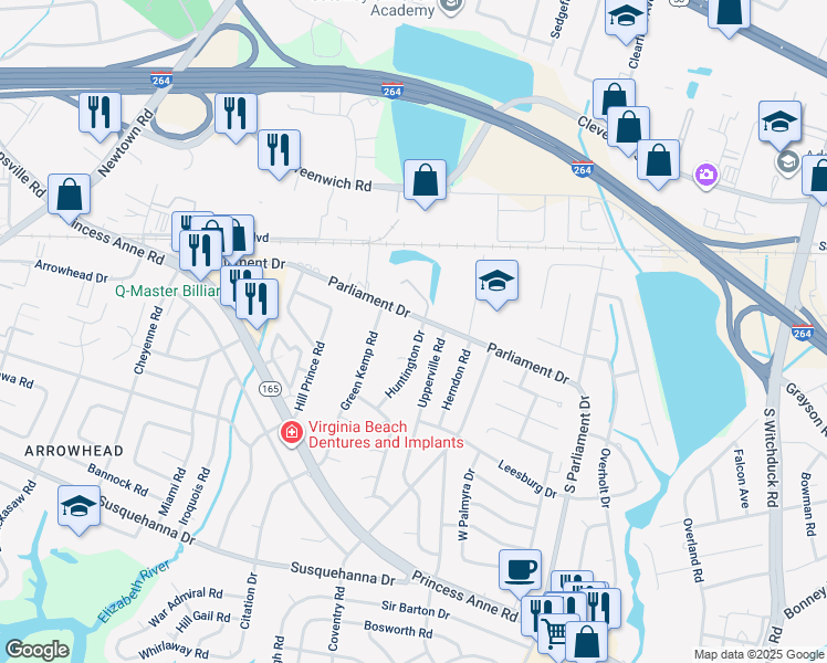 map of restaurants, bars, coffee shops, grocery stores, and more near 155 Huntington Drive in Virginia Beach