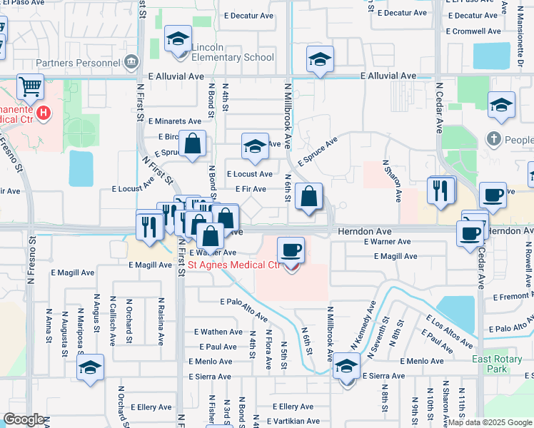 map of restaurants, bars, coffee shops, grocery stores, and more near 1150 East Herndon Avenue in Fresno