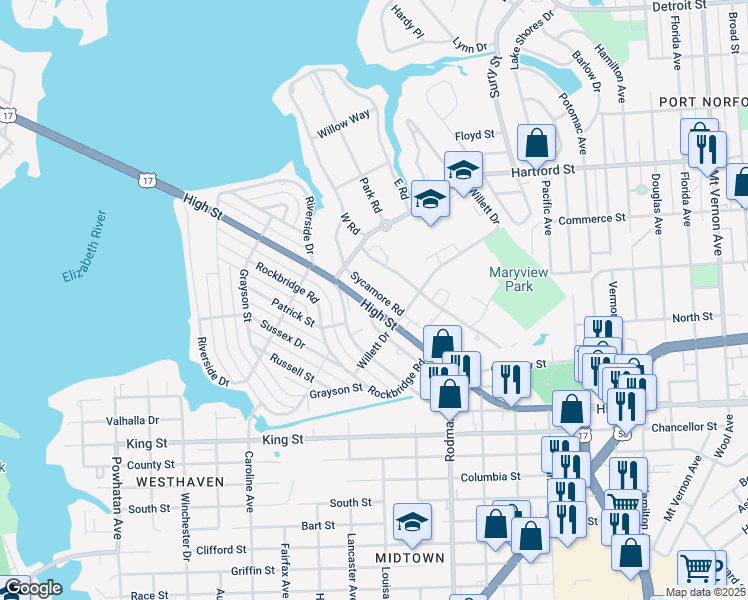 map of restaurants, bars, coffee shops, grocery stores, and more near 406 Sycamore Road in Portsmouth