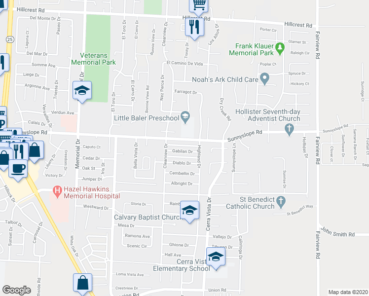 map of restaurants, bars, coffee shops, grocery stores, and more near 1510 Gabilan Drive in Hollister