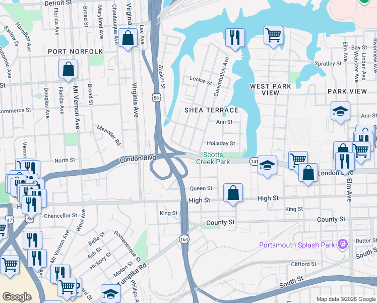 map of restaurants, bars, coffee shops, grocery stores, and more near 317 Idlewood Avenue in Portsmouth