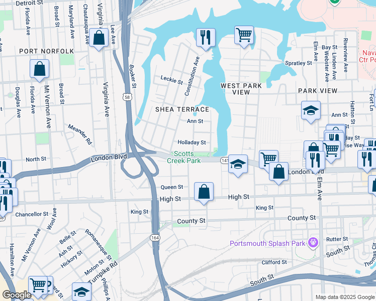 map of restaurants, bars, coffee shops, grocery stores, and more near 2008 North Street in Portsmouth