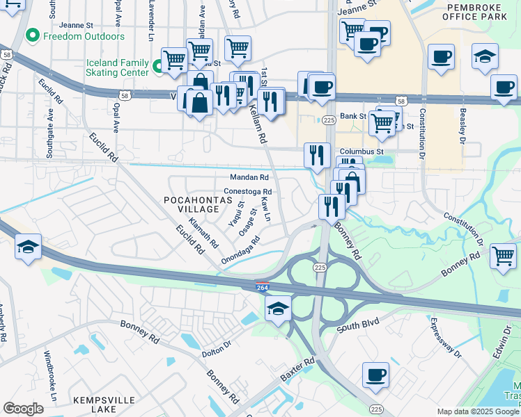 map of restaurants, bars, coffee shops, grocery stores, and more near 105 Osage Street in Virginia Beach