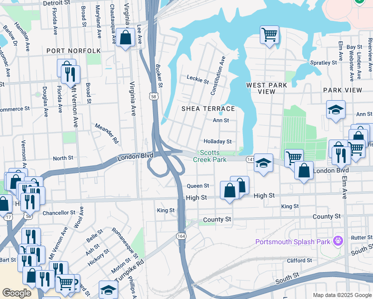 map of restaurants, bars, coffee shops, grocery stores, and more near 317 Idlewood Avenue in Portsmouth