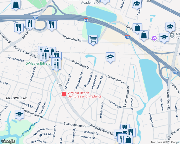 map of restaurants, bars, coffee shops, grocery stores, and more near 155 Huntington Drive in Virginia Beach