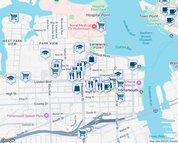map of restaurants, bars, coffee shops, grocery stores, and more near 347 Effingham Street in Portsmouth
