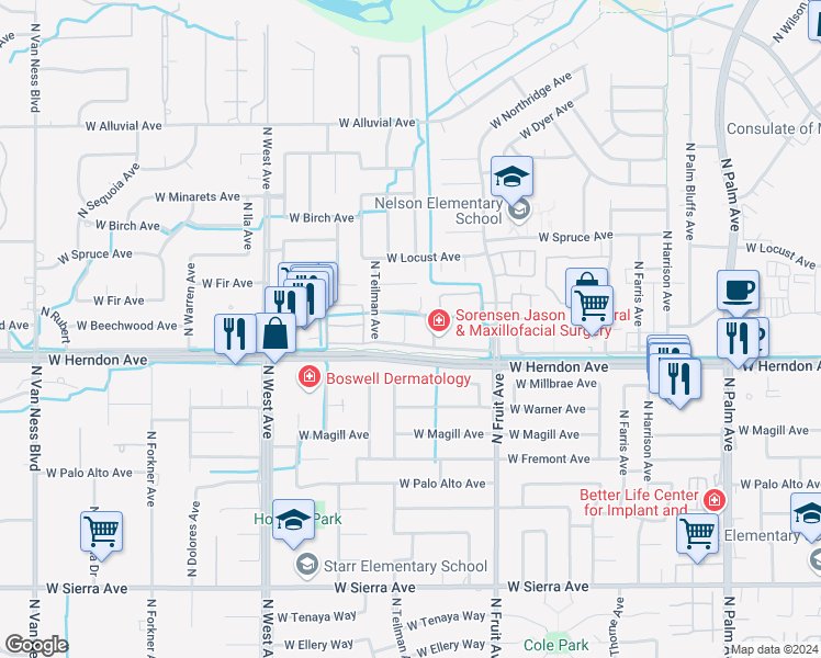 map of restaurants, bars, coffee shops, grocery stores, and more near 7095 North Fruit Avenue in Fresno