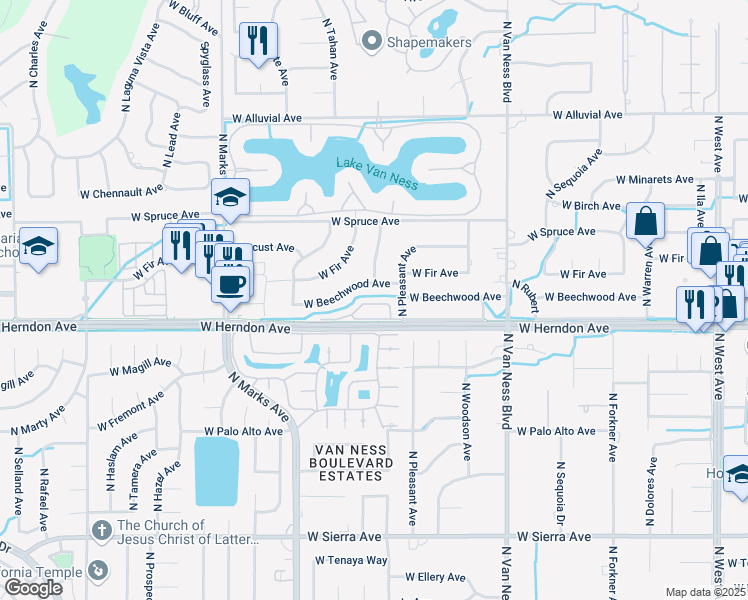 map of restaurants, bars, coffee shops, grocery stores, and more near 2665 West Beechwood Avenue in Fresno