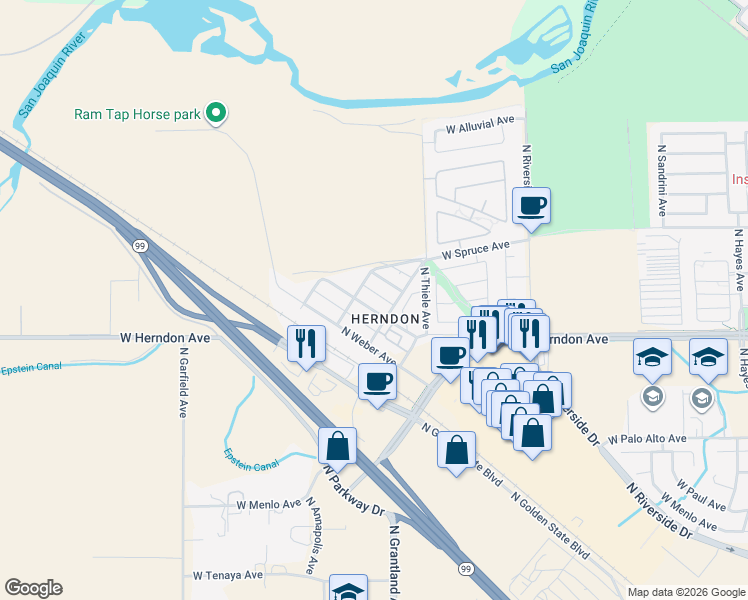 map of restaurants, bars, coffee shops, grocery stores, and more near 7165 North Everest Avenue in Fresno