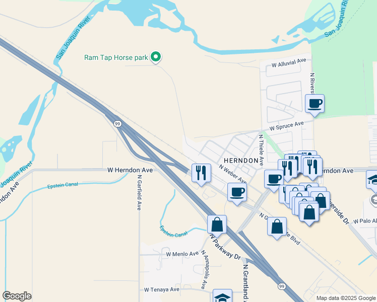 map of restaurants, bars, coffee shops, grocery stores, and more near 7093 North Weber Avenue in Fresno