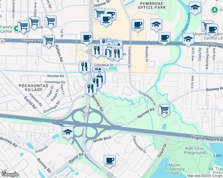 map of restaurants, bars, coffee shops, grocery stores, and more near 4515 Indies Court in Virginia Beach