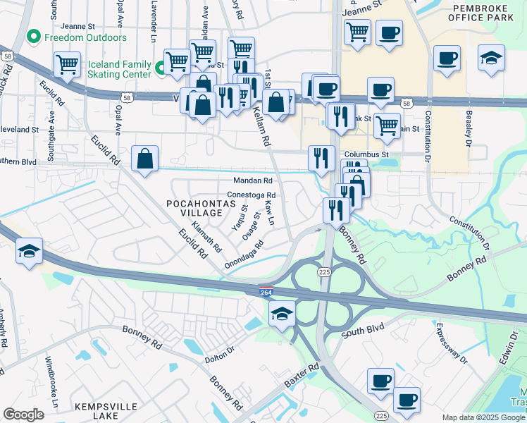 map of restaurants, bars, coffee shops, grocery stores, and more near 105 Osage Street in Virginia Beach
