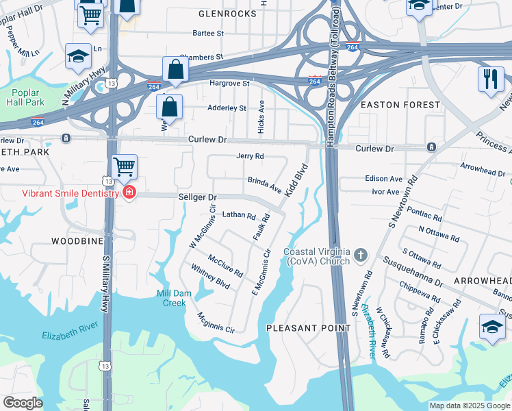 map of restaurants, bars, coffee shops, grocery stores, and more near 5932 Sellger Drive in Norfolk