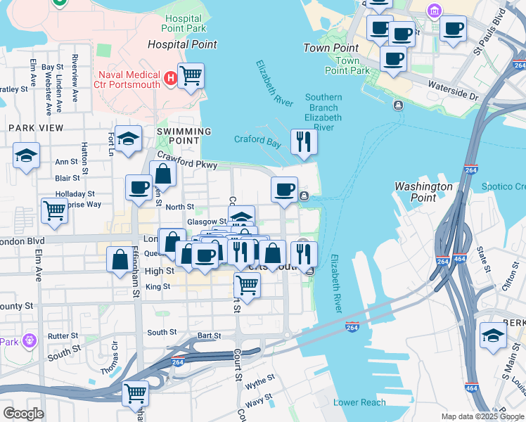 map of restaurants, bars, coffee shops, grocery stores, and more near 218 North Street in Portsmouth