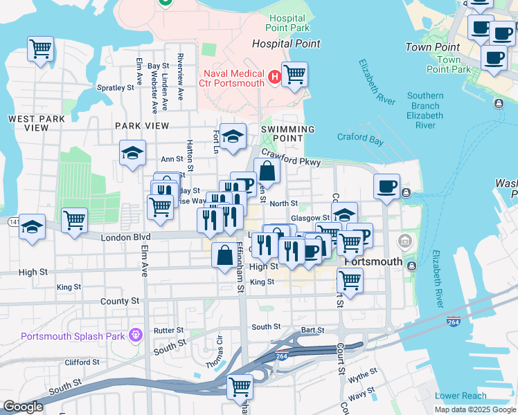 map of restaurants, bars, coffee shops, grocery stores, and more near 347 Effingham Street in Portsmouth