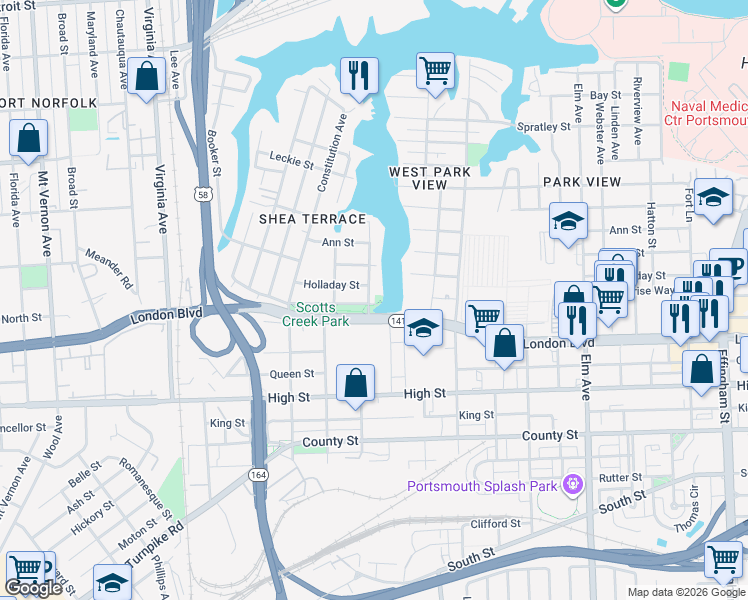 map of restaurants, bars, coffee shops, grocery stores, and more near 311 Chesapeake Avenue in Portsmouth