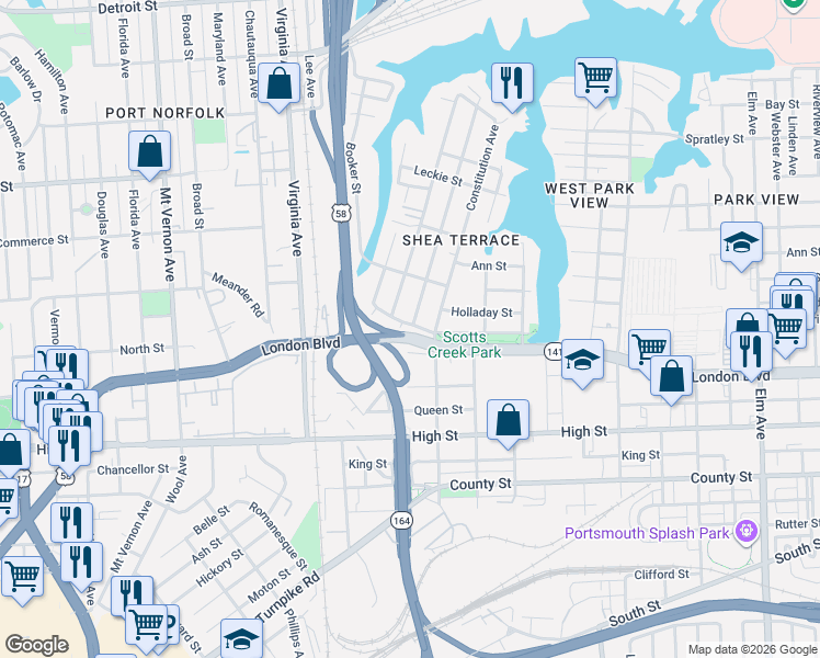 map of restaurants, bars, coffee shops, grocery stores, and more near 317 Idlewood Avenue in Portsmouth