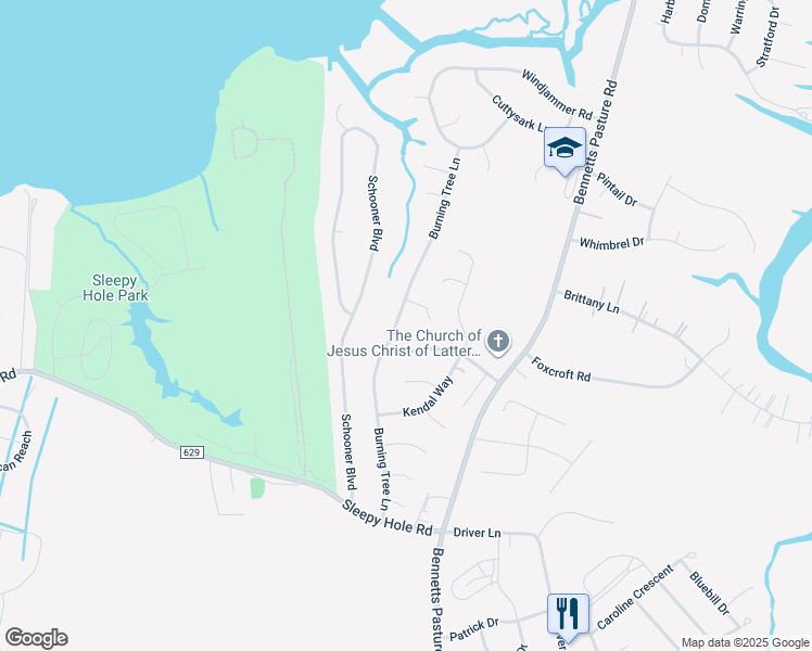 map of restaurants, bars, coffee shops, grocery stores, and more near 2736 Burning Tree Lane in Suffolk