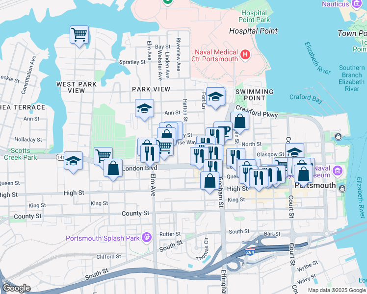 map of restaurants, bars, coffee shops, grocery stores, and more near 945 Enterprise Way in Portsmouth