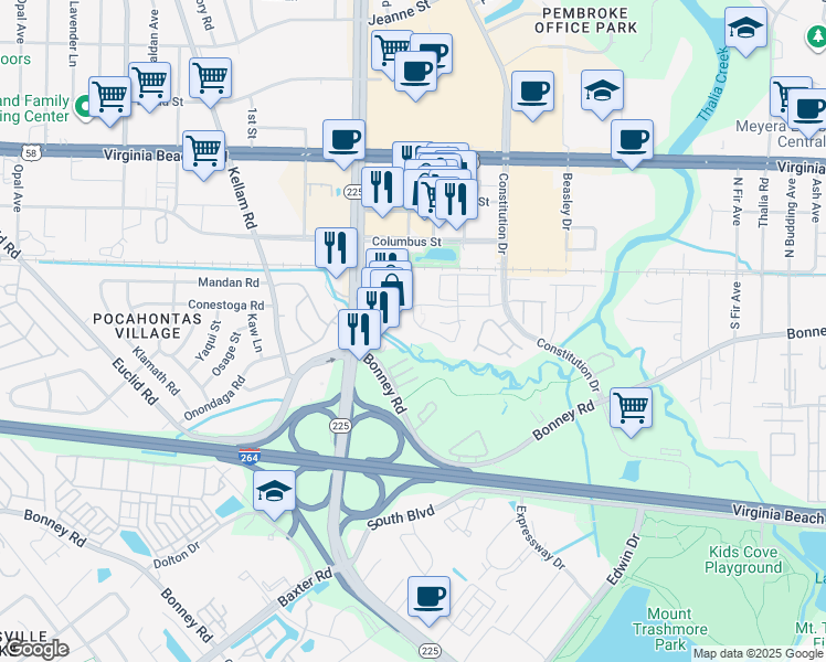 map of restaurants, bars, coffee shops, grocery stores, and more near 310 Ferdinand Circle in Virginia Beach