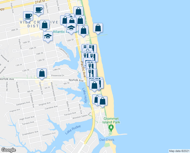 map of restaurants, bars, coffee shops, grocery stores, and more near 921 Atlantic Avenue in Virginia Beach
