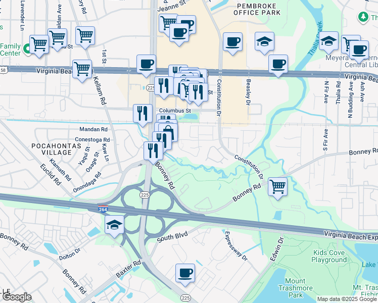 map of restaurants, bars, coffee shops, grocery stores, and more near 271 Ferdinand Circle in Virginia Beach