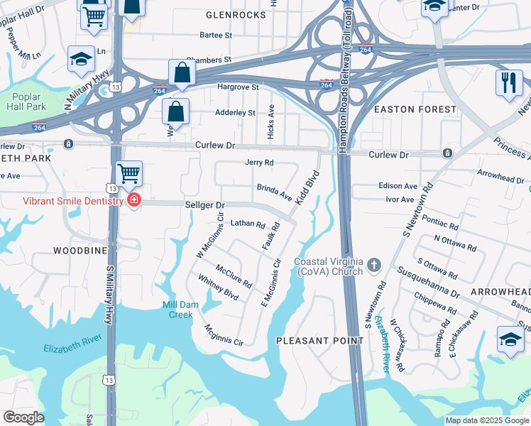 map of restaurants, bars, coffee shops, grocery stores, and more near 5932 Sellger Drive in Norfolk