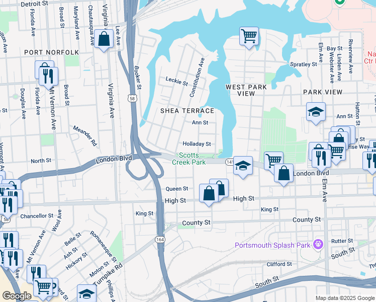 map of restaurants, bars, coffee shops, grocery stores, and more near 2018 North Street in Portsmouth