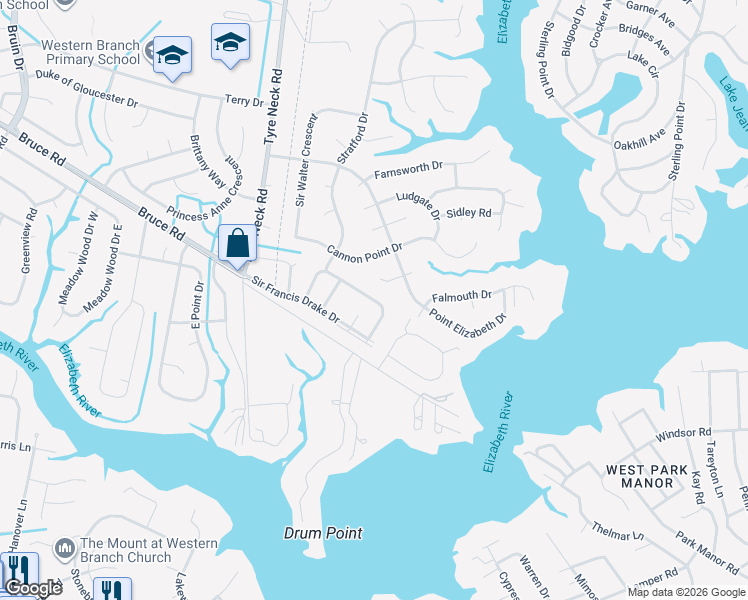 map of restaurants, bars, coffee shops, grocery stores, and more near 2909 Luxford Court in Chesapeake
