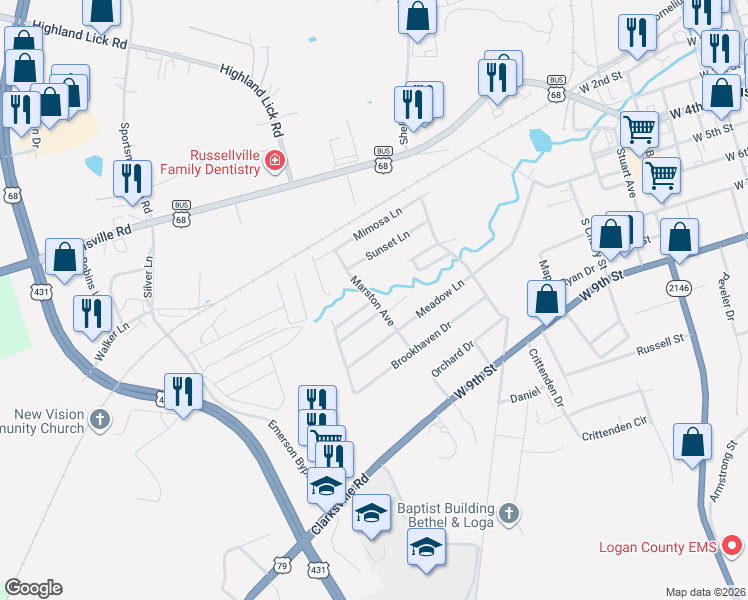 map of restaurants, bars, coffee shops, grocery stores, and more near Marston Avenue in Russellville