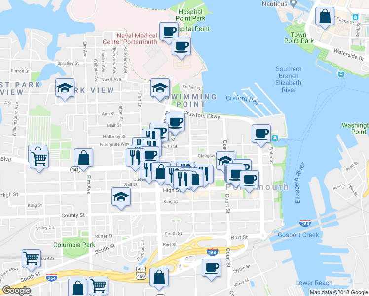 map of restaurants, bars, coffee shops, grocery stores, and more near 615 North St in Portsmouth