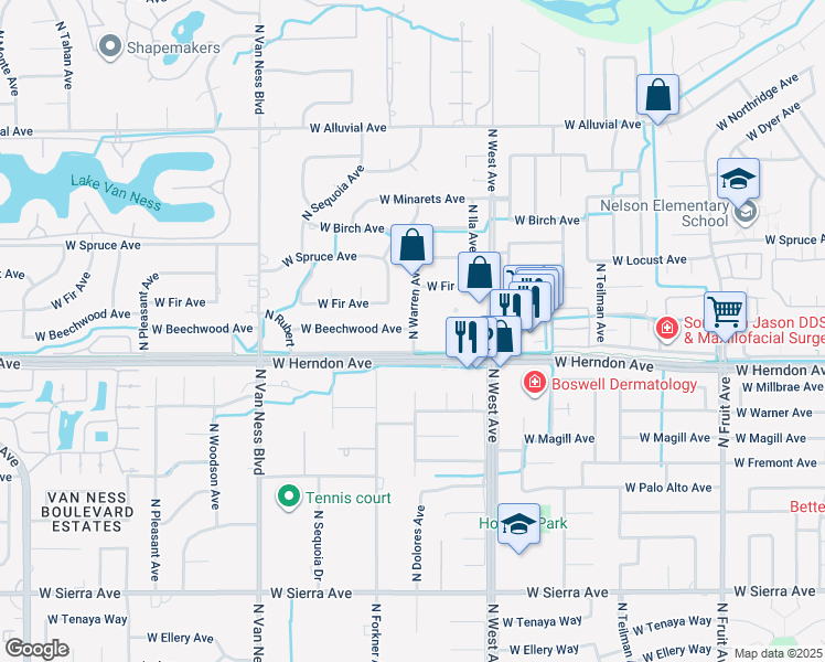 map of restaurants, bars, coffee shops, grocery stores, and more near in Fresno