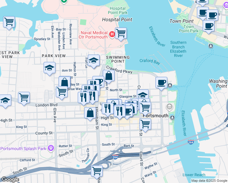 map of restaurants, bars, coffee shops, grocery stores, and more near 615 North St in Portsmouth