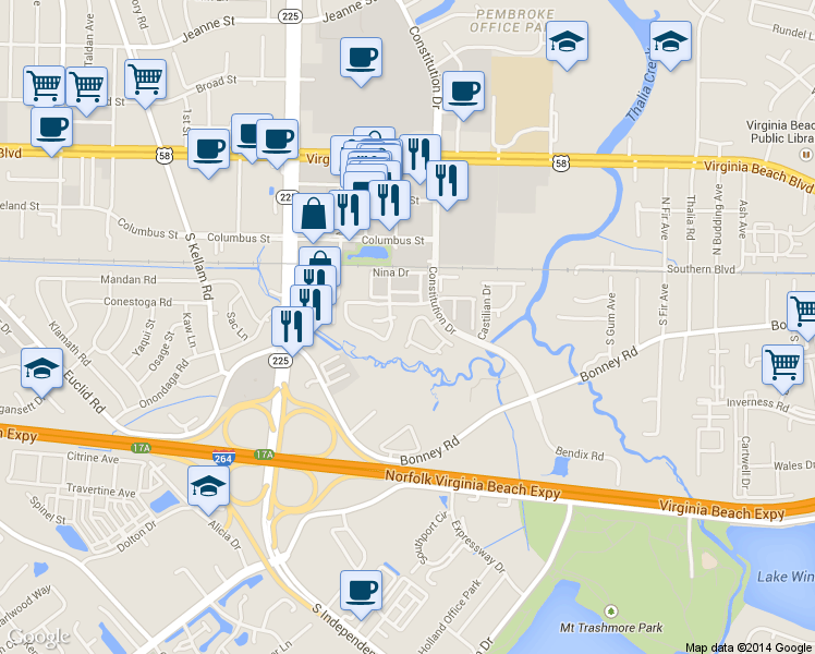 map of restaurants, bars, coffee shops, grocery stores, and more near 4590 Genoa Circle in Virginia Beach