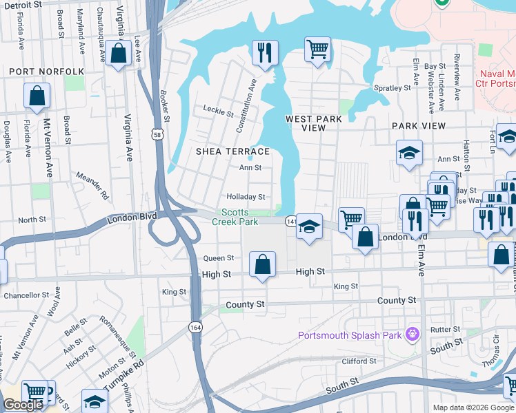map of restaurants, bars, coffee shops, grocery stores, and more near 1923 Holladay Street in Portsmouth