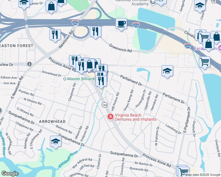 map of restaurants, bars, coffee shops, grocery stores, and more near 135 Gallant Fox Road in Virginia Beach