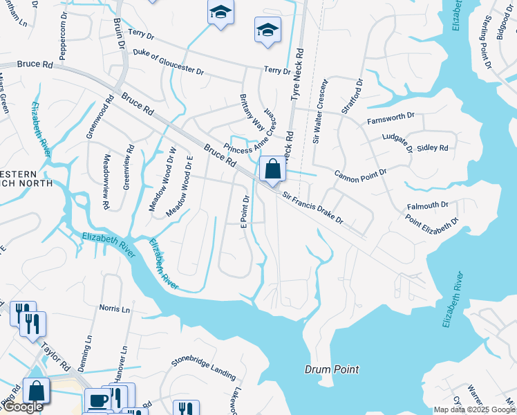 map of restaurants, bars, coffee shops, grocery stores, and more near 2860 Lilley Cove Drive in Chesapeake