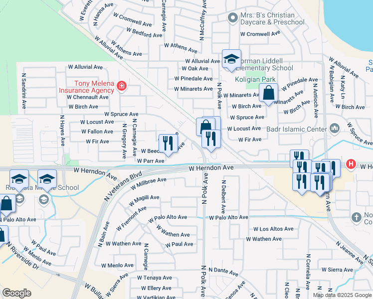 map of restaurants, bars, coffee shops, grocery stores, and more near 5425 West Spruce Avenue in Fresno